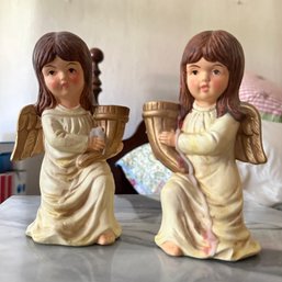 Lovely Pair Of Painted Ceramic Vintage Angel Candle Holders, Small Chip On Back (MB)