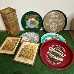 Assorted Metal Beer Trays. Wooden Berry Baskets, & Vintage Framed Art (BSMT)