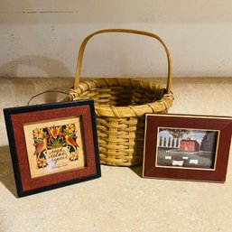 Lot Of 3 - Cute Small Wicker Basket & 2 Small Pictures (Basement)