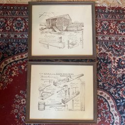 2 Framed Prints From Merwin's Art Shop Of Old Time Barn Building & Tools (BR)