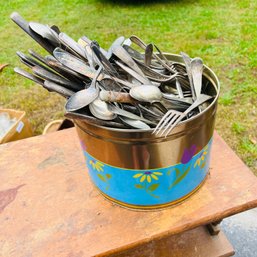 Large Canister Of Vintage Silverware