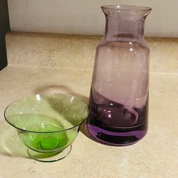 Set Of 2 Pretty Glass Items - Small Green Bowl And Lavender Vase With Heavy Bottom (basement)