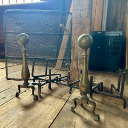Vintage/antique Brass ANDIRONS, FIREPLACE GRATE, And Fireplace Cover (barn)