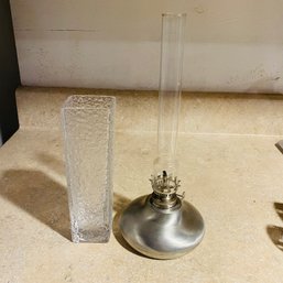 Glass Bubble Sided Vase & Small Pewter Oil Lamp (basement)