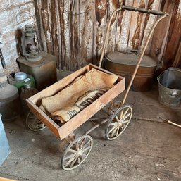 Antique/Vintage Wooden Cart And Burlap Sack (Zone 1)