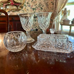 Vintage Crystal Butterdish, Bowl, And Glasses (DR)