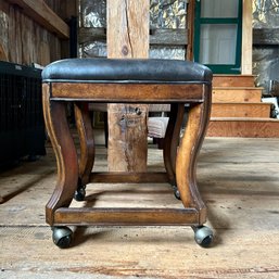 Charming Wood & Leather Vintage Ottoman On Casters (barn)