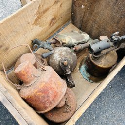 Wooden Crate With Metal Cans And Other Items