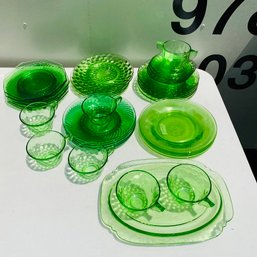 Assorted Emerald Green Depression / Pressed Glass Dinnerware Pieces