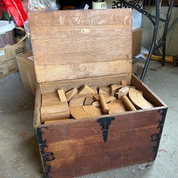 Vintage Wooden Chest Filled With Solid Wood Geometric Toy Blocks (IS)