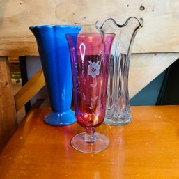 Cranberry Glass Vase, Crystal Vase And Blue Ceramic Vase (Zone 2)