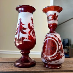 Pair Of Vintage Ruby Red Frosted Glass Vases (BR)