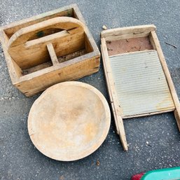 Vintage Wooden Bowl, Storage Bin And Wash Board