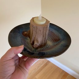 Small Faux Wood Tealight Holder On A Pretty, Glazed Ceramic Dish (LR)