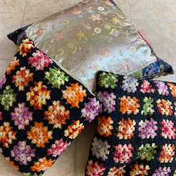 2 Granny Square Crochted Pillows & 1 Large Colorful Asian Print Pillow (BSMT BR)