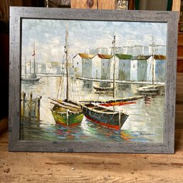Artist Signed Framed Canvas Painting, Sailboats (Barn)