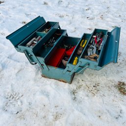 Vintage Blue Metal Expanding Tool Box With Contents (Barn)