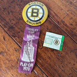 Boston Bruins Stanley Cup 1970 Playoff Pin & Ribbon Plus 1987 Ticket Stub (HW)