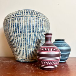 Pair Of Artist Signed Portugal Painted Ceramic Vases Plus Large Blue Carved Ceramic Vase