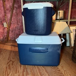 Pair Of Vintage Navy Blue Coolers: Coleman And Rubbermaid (attic)