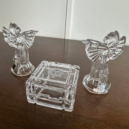 Pair Of Marquis Waterford Angel Candle Holders Plus Glass Trinkey Box With Wreath (HW)