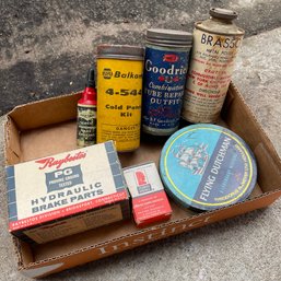 Assorted Vintage Automotive Product & Flying Dutchman Tins And Boxes (Garage Right)