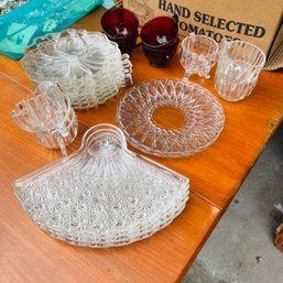 Glass Plates And Cups With Red Glass Handled Cups