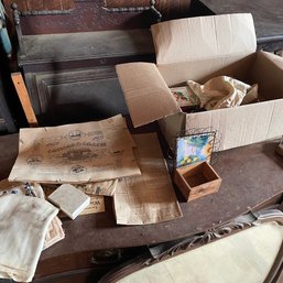 Vintage Box Lot Including Linens, Medicine Bottles, Books, Newspapers (Zone 3)
