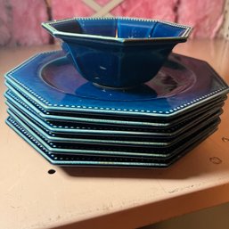 Le Poet-laval France Pottery Plates And Bowl In Blue (attic)