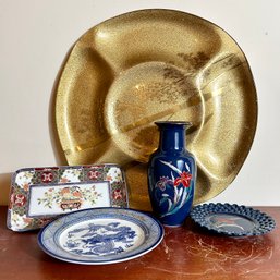 Asian Decorative Lot: Shaddy Japan Vase And Dish, Painted Gold Toned Divided Platter, And More