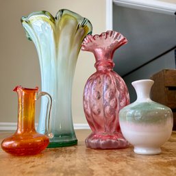 Gorgeous 4 Piece Set Of Vintage Art Glass Vases, Pottery Bud Vase (BR)