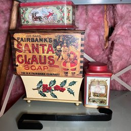 Christmas Tins, Wooden Hinged Lid Box And Ceramic Canister (Attic)