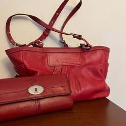 Red Leather Coach Bag And Fossil Wallet (BR 3)