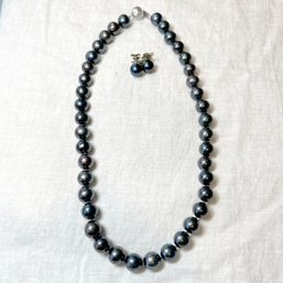 Genuine Black Pearl Necklace And Earrings Set (tote, Boxed)