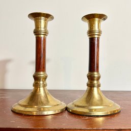 Pair Of Vintage CBK India Candlesticks Wood And Brass Toned