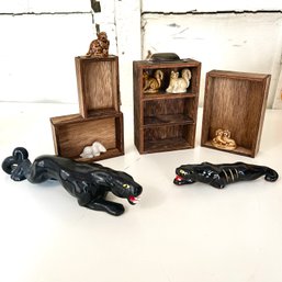 Ceramic Cougar & Wade Figurines & Wood Card File Boxes (OA)