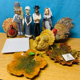 Lot Of Autumn / Thanksgiving Decor:  Turkeys, Pilgrims, Ceramic Leaves - (Basement)