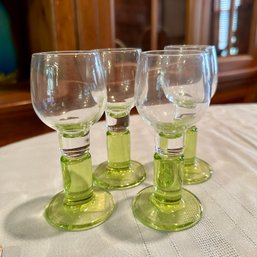 Set Of Four Green Accented Liquor Glasses From Crate & Barrel (HW3)