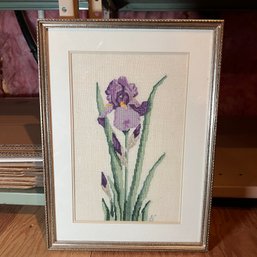 Framed Needlepoint Of Purple Iris (attic)