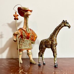 Pair Of Decorative Gold Toned And Jeweled Giraffe Figures: Bejeweled Giraffe Trinket Statue, Glittery Ornamnet