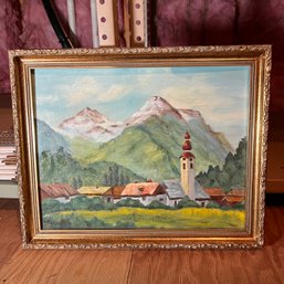 Framed Mountain Village Painting On Canvas (attic)