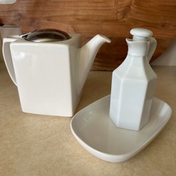 Trio Of White Ceramic Pieces Incl. Tea Pot & United Airlines Pfaltzgraff (DR)