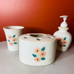 3 Piece Ceramic Floral Bathroom Set, Cup Soap Dispenser & Toothbrush Holder (Dining Room 48082)