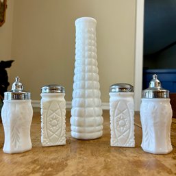 2 Sets Of Vintage MILK GLASS Salt & Pepper Shakers, Plus Milk Glass Vase (BR)