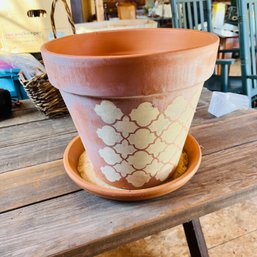 Painted Terra Cotta Pot And Saucer (Barn)