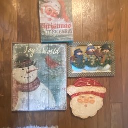 4 Christmas Themed Wall Decor - 3 Wooden & 1 Ceramic (BR)