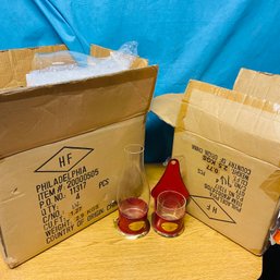 8 Hen Feathers Red Hurricane Lamps Candle Holders (4 Tall & 4 Short) In Original Boxes (basement)