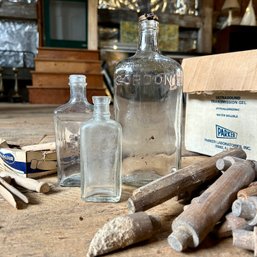 Vintage Glass Bottles With Wooden Clothespins And Wood Dowels (barn)