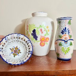 Trio Of Colorful Painted Ceramic Decorative Vases And Bowl