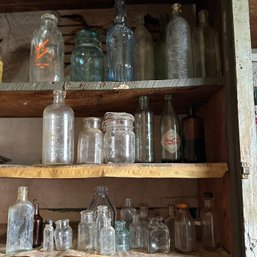 Assorted Vintage Glass Bottles, Canning Jars (BSMT Landing)